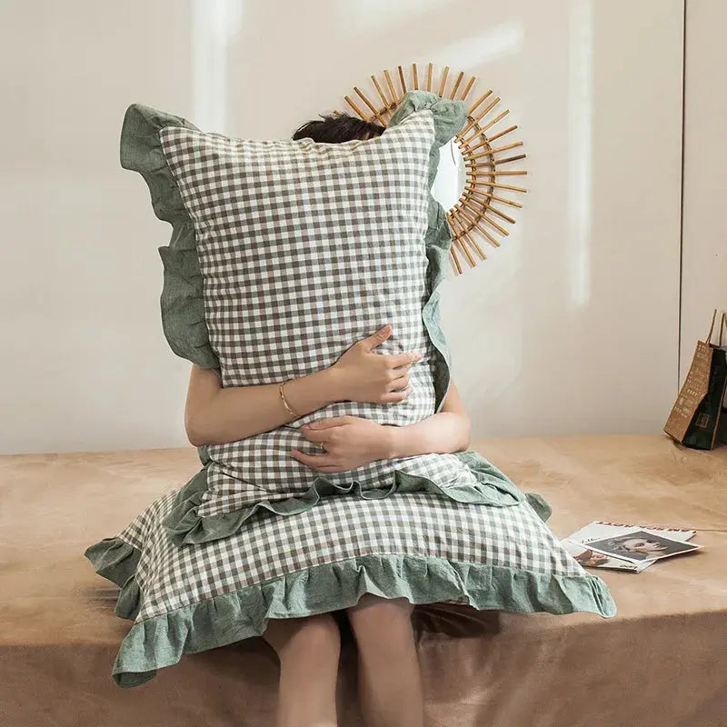 48x74cm Washed Cotton Pillowcase Home Bedding Super Soft Plaid Pillow Cover Ruffled Pillow Case Dorm Girl Room Decoration 2pcs