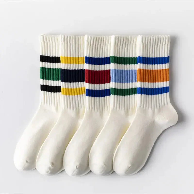 Vintage Men's Striped Medium Tube Socks Vintage Striped Unisex Women Couple Terry Socks Japanese Thick Towel Bottom Sports Socks