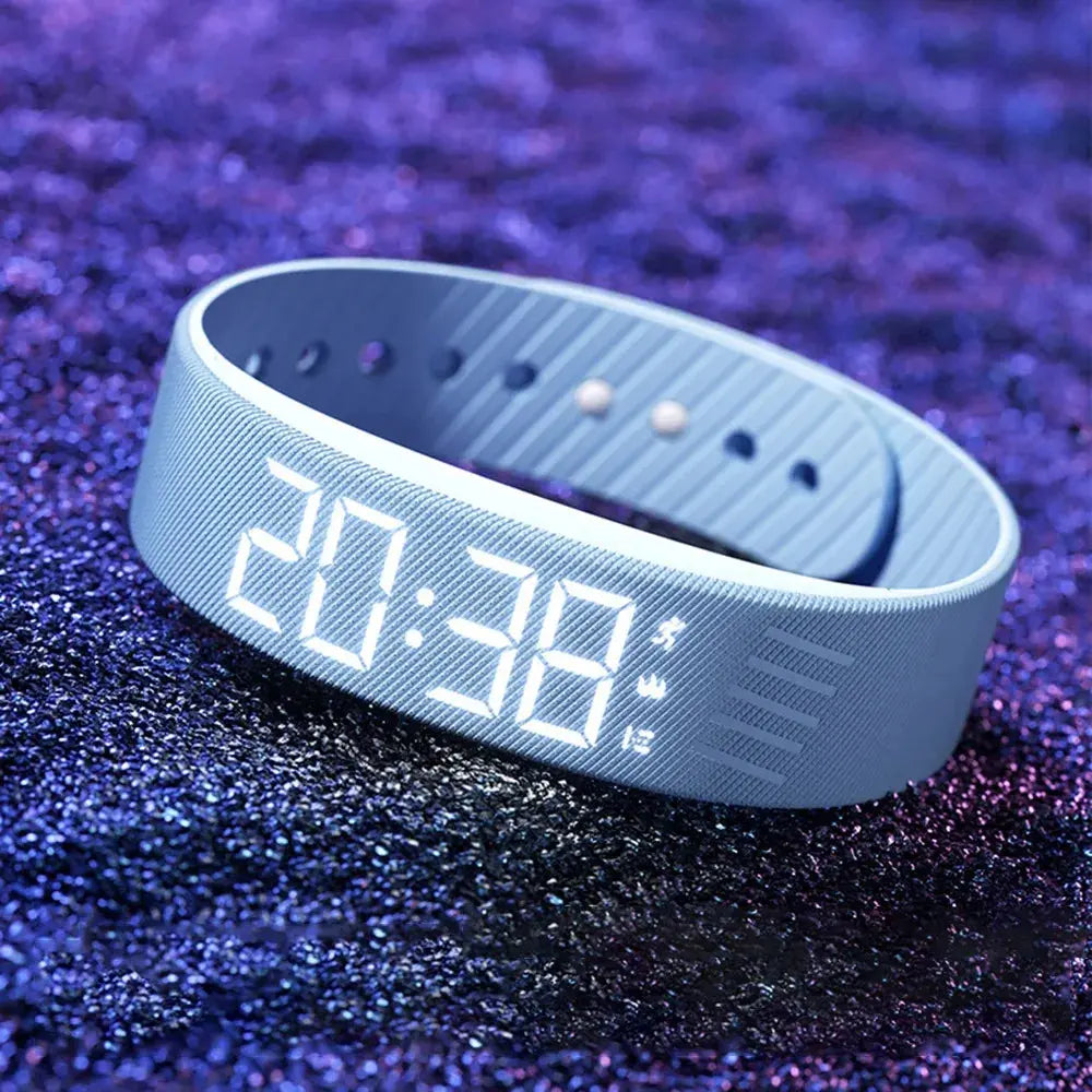 LED Digital Alarm Clock Watch Adjustable Silicone Snooze-proof Alarm Bracelet with Running Pedometer Waterproof Vibrating Alarm