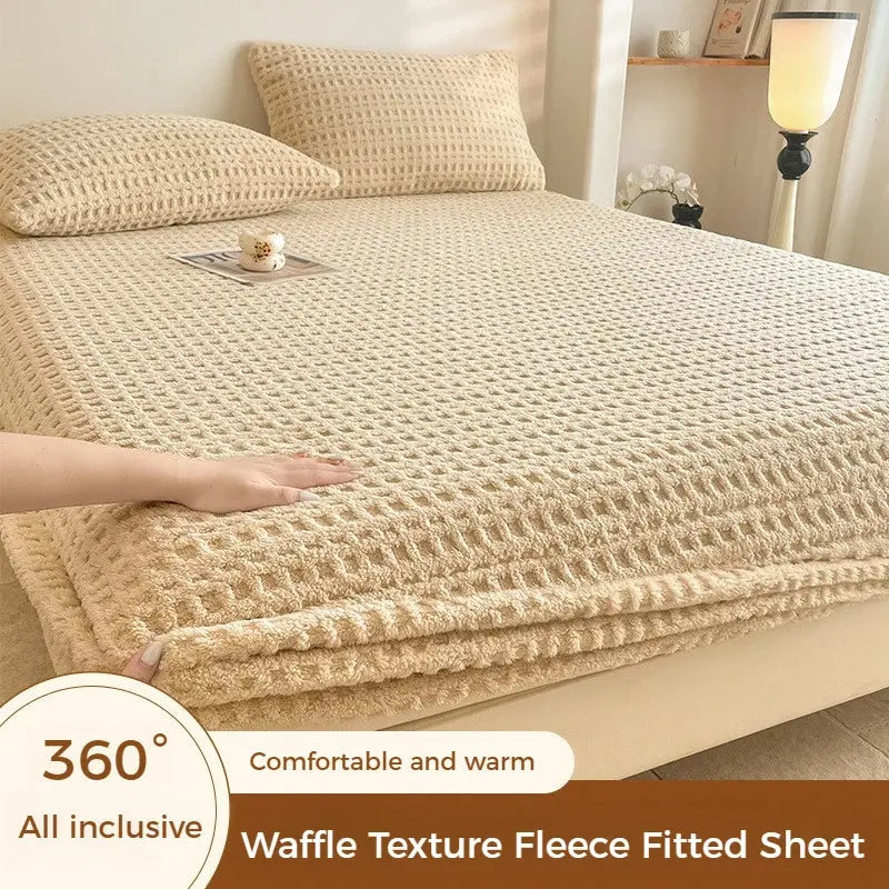 Solid Waffle Texture Fleece Fitted Sheet Autumn Winter Warm Mattress Protector Single Double Size Soft Bed Sheet with Pillowcase