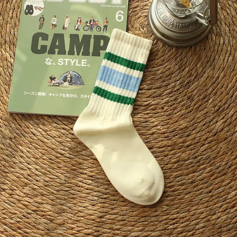 Vintage Men's Striped Medium Tube Socks Vintage Striped Unisex Women Couple Terry Socks Japanese Thick Towel Bottom Sports Socks