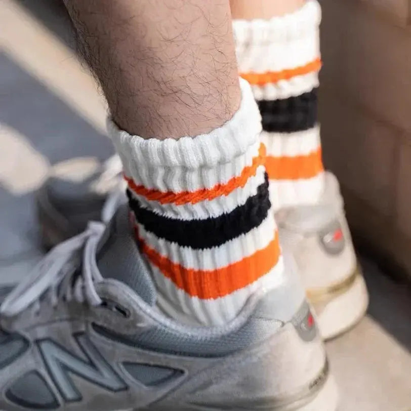 Vintage Men's Striped Medium Tube Socks Vintage Striped Unisex Women Couple Terry Socks Japanese Thick Towel Bottom Sports Socks