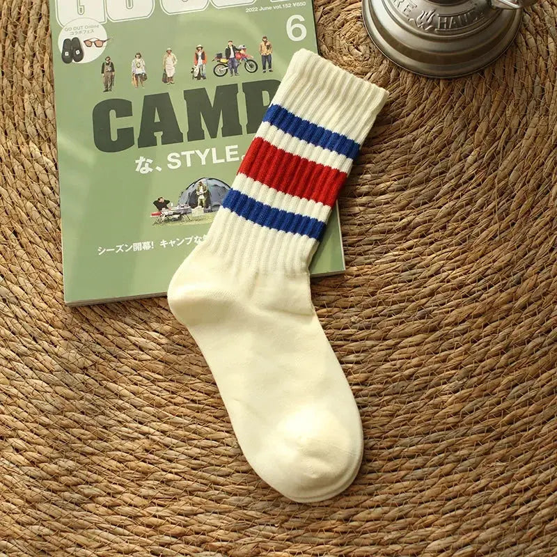 Vintage Men's Striped Medium Tube Socks Vintage Striped Unisex Women Couple Terry Socks Japanese Thick Towel Bottom Sports Socks