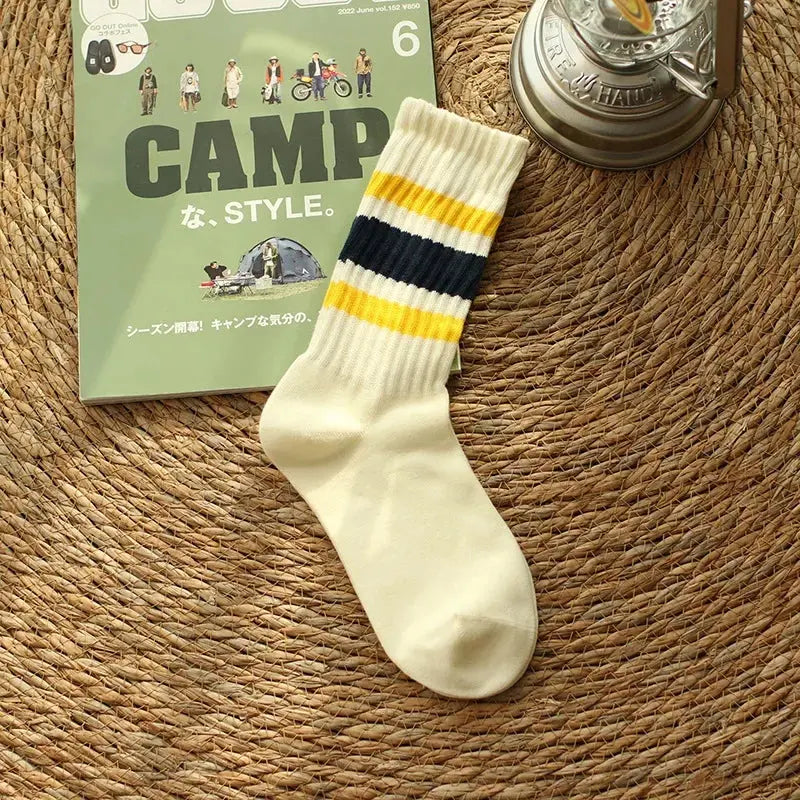 Vintage Men's Striped Medium Tube Socks Vintage Striped Unisex Women Couple Terry Socks Japanese Thick Towel Bottom Sports Socks