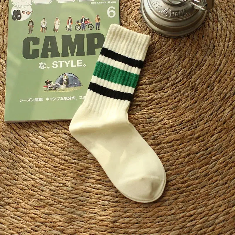 Vintage Men's Striped Medium Tube Socks Vintage Striped Unisex Women Couple Terry Socks Japanese Thick Towel Bottom Sports Socks
