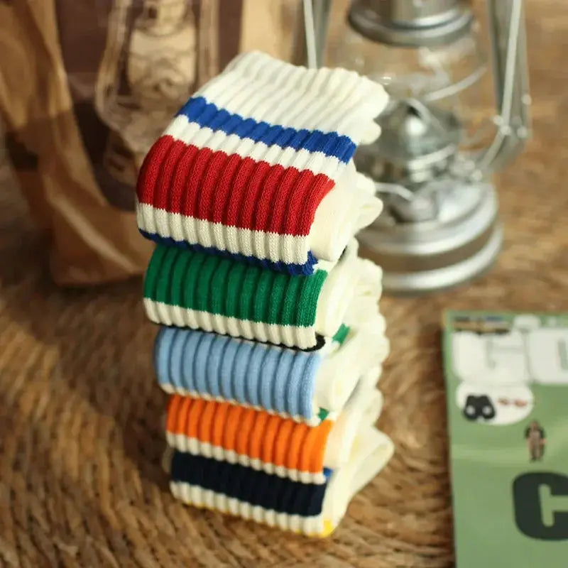 Vintage Men's Striped Medium Tube Socks Vintage Striped Unisex Women Couple Terry Socks Japanese Thick Towel Bottom Sports Socks