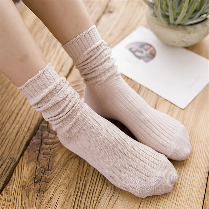1 Pair Women Cotton Loose Socks Autumn Winter Knitting Solid Color Long Black Pink Korean Japanese Student Girls Stockings Retro