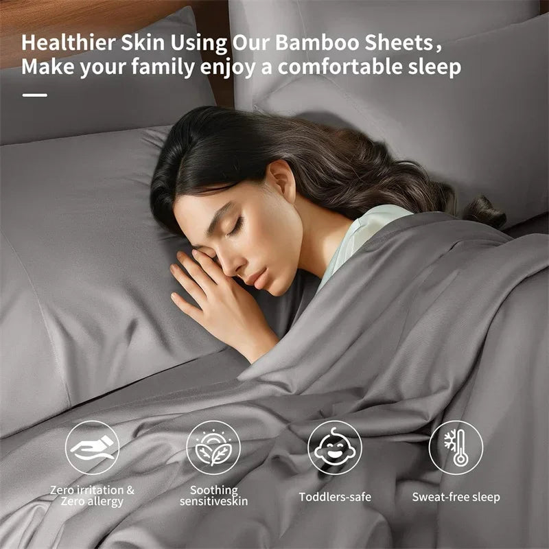 100% Bamboo Bed Sheets Set Luxury Soft, Silky, Breathable Fitted Sheet Flat Top Sheets Pillowcase Hotel 4/6 Pieces Bedding Set