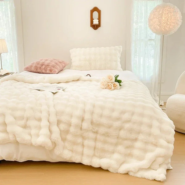 Soft and Cozy Toscana Rabbit Fur Blanket With Double-sided Bubble Fleece - Perfect for Office and Sofa Cover Warm Winter Bed