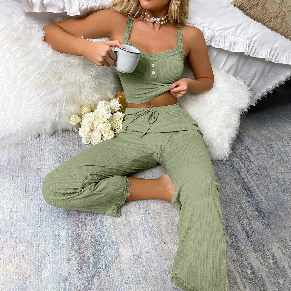 New Women's two-piece pajama set with solid color lace edging sexy slim fit suspender and pants soft and comfortable pajamas set