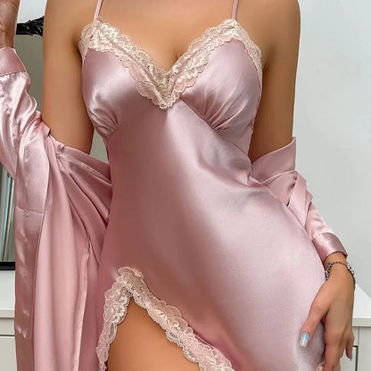 Solid Satin Pajama Set Long Sleeve Robe With Belt & Contrast Lace V Neck Slip Dress Women's Sleepwear