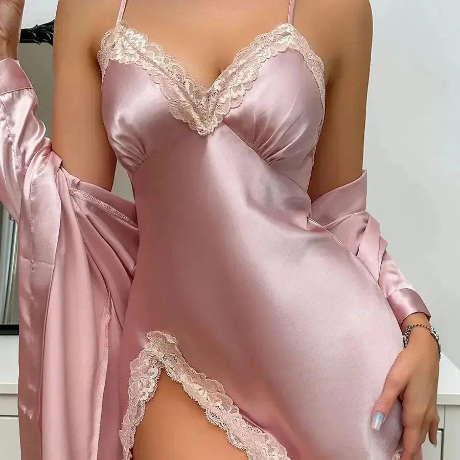Solid Satin Pajama Set Long Sleeve Robe With Belt & Contrast Lace V Neck Slip Dress Women's Sleepwear