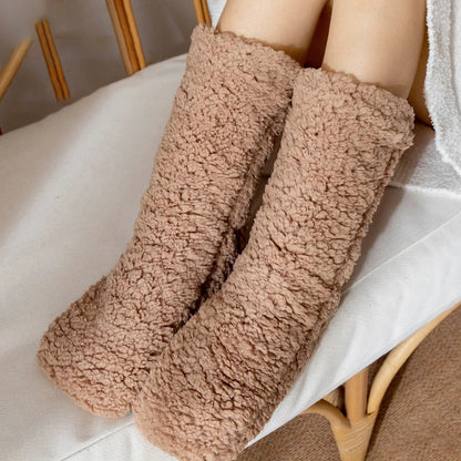 1pair Thickened Winter Woven Thermal Cashmere Floor Socks Solid Color Velvet Carpet Sleep Socks Anti Slip Floor Slipper Sock