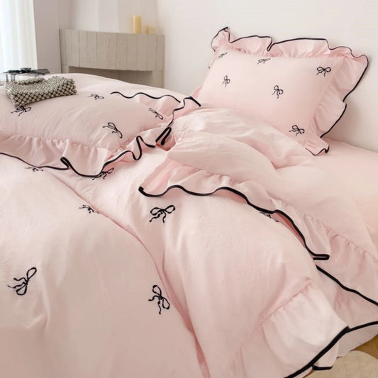 3pcs bow embroidery Bedding set ruffles Duvet Cover Set (1*Duvet Cover + 2*Pillowcase, Without Core)for bedroom guest room