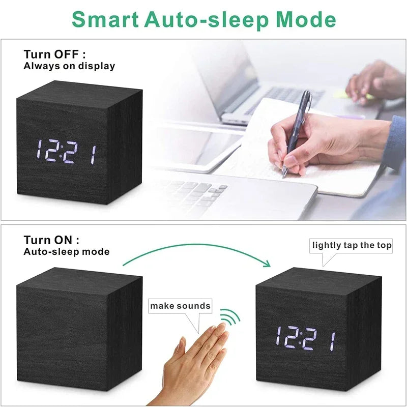 Wooden Digital Alarm Clock with Temperature Sound Control Electronic Clocks Desktop USB/AAA Powered Desperadoe LED Bedside ClocK