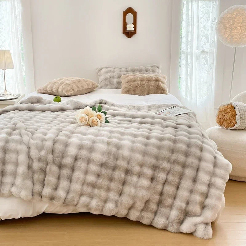 Soft and Cozy Toscana Rabbit Fur Blanket With Double-sided Bubble Fleece - Perfect for Office and Sofa Cover Warm Winter Bed