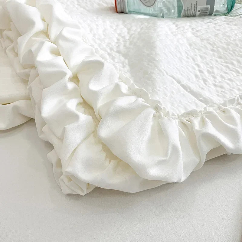 Flower Embroidered Spring Summer Blanket 4/3/1 Pcs Ruffled Quilted Summer Quilt Set Machine Washable Lightweight Comforter Duvet