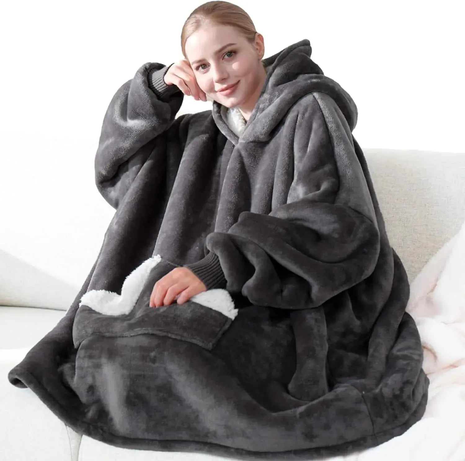 Wearable Blanket Hoodie, Oversized Fleece Sweatshirt Blanket with Pocket for Adult, Warm & Cozy Grey Blanket Gifts for Women