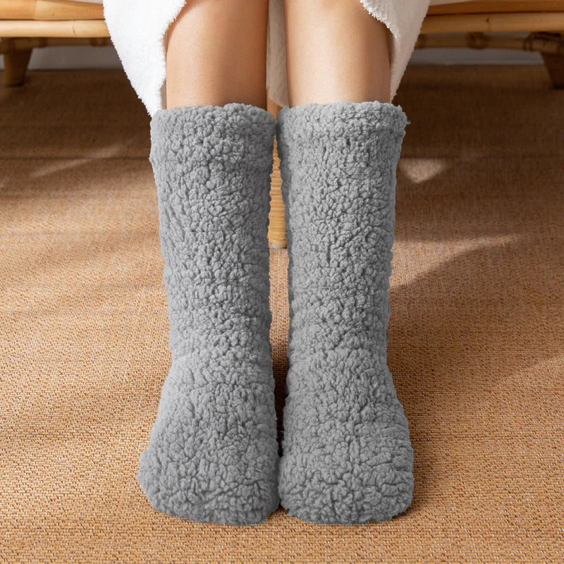 1pair Thickened Winter Woven Thermal Cashmere Floor Socks Solid Color Velvet Carpet Sleep Socks Anti Slip Floor Slipper Sock