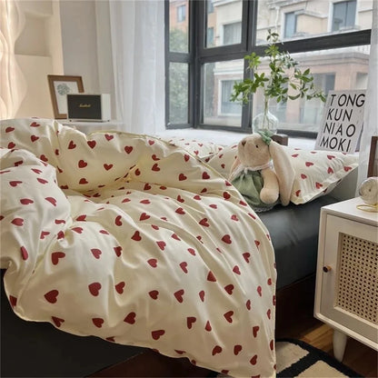 Korean Style Bedding Set Kid Adult Twin Full Queen Size Bed Flat Sheet Set Pillowcase Bed Linen Love Heart Duvet Cover