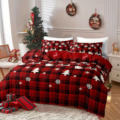 3-Piece Christmas-Themed Duvet Cover Set - Soft, Breathable, and Hypoallergenic Fabric - Checkered Elk Snowflake Print Design, P