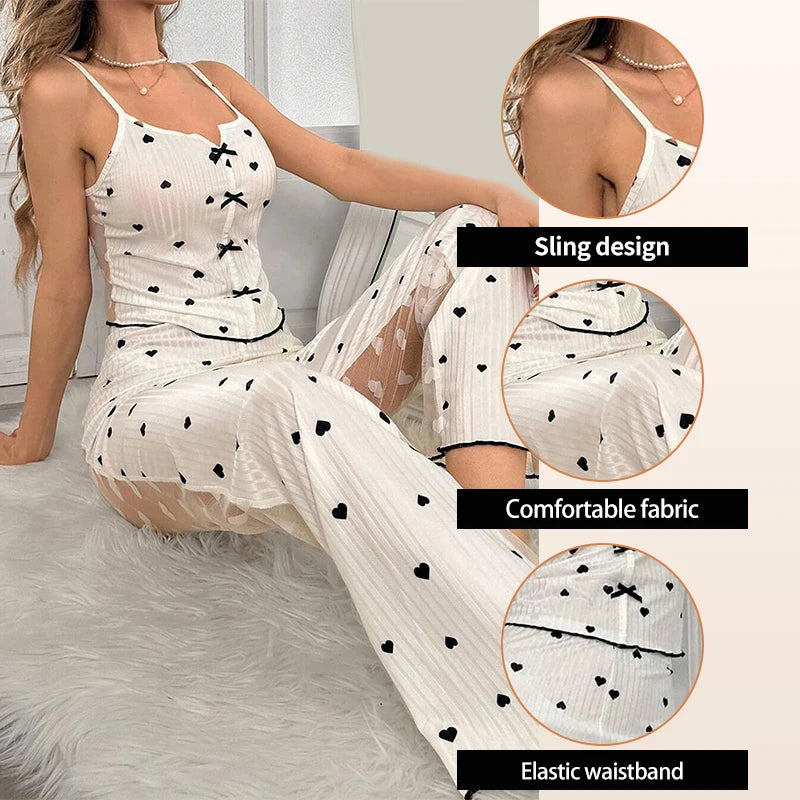 2-Piece Women's Sexy Transparent Mesh Lace Set with Ribbed Printed Strap Top and Pants Home Clothes Pajama Set