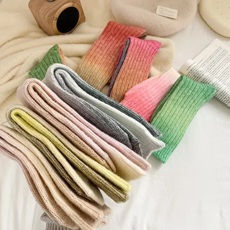 Winter Thick Warm Long Socks Gradient Wool Cashmere Kawaii Socks Women Thermal Floor Sleeping Socks New Year Gift Autumn 2024New