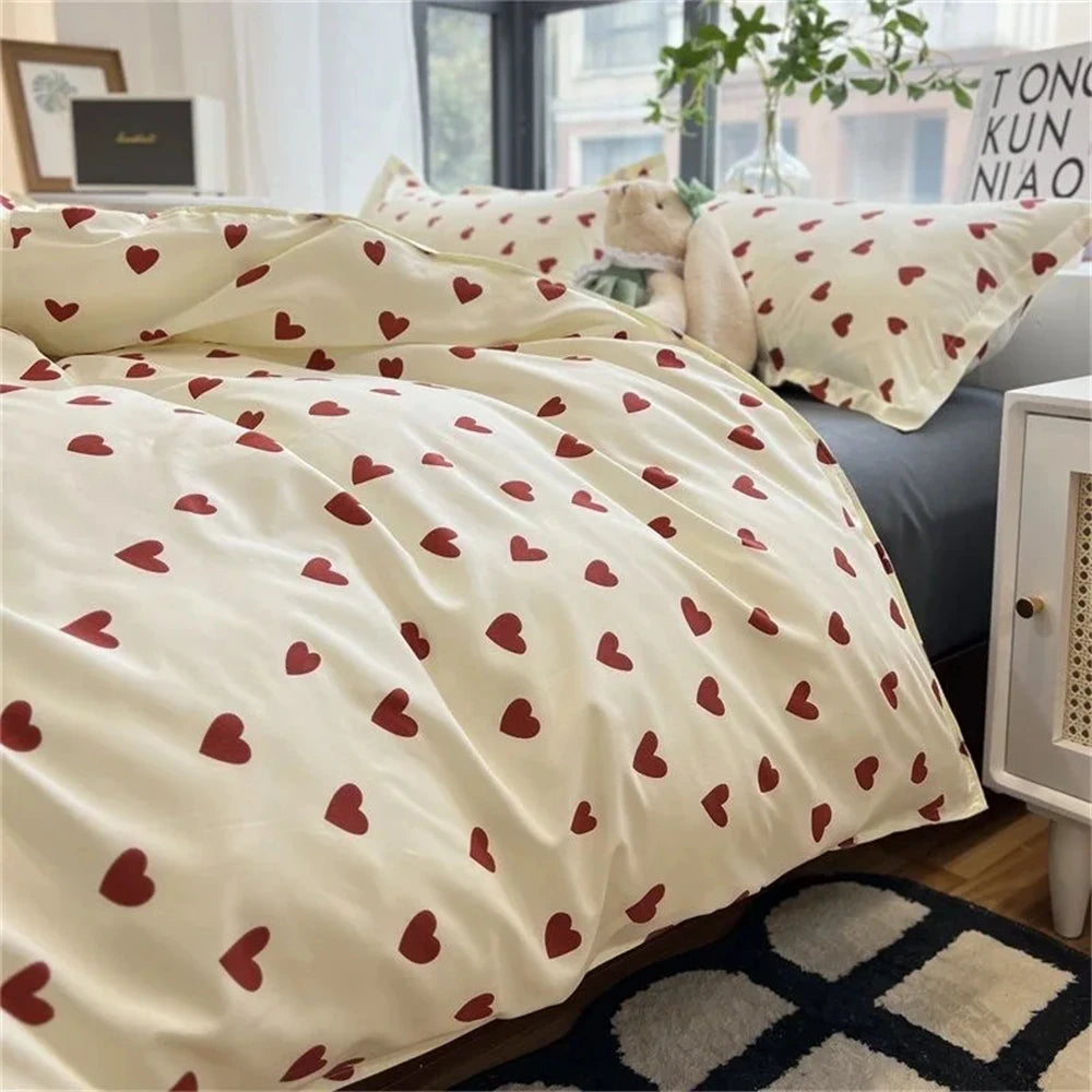Korean Style Bedding Set Kid Adult Twin Full Queen Size Bed Flat Sheet Set Pillowcase Bed Linen Love Heart Duvet Cover