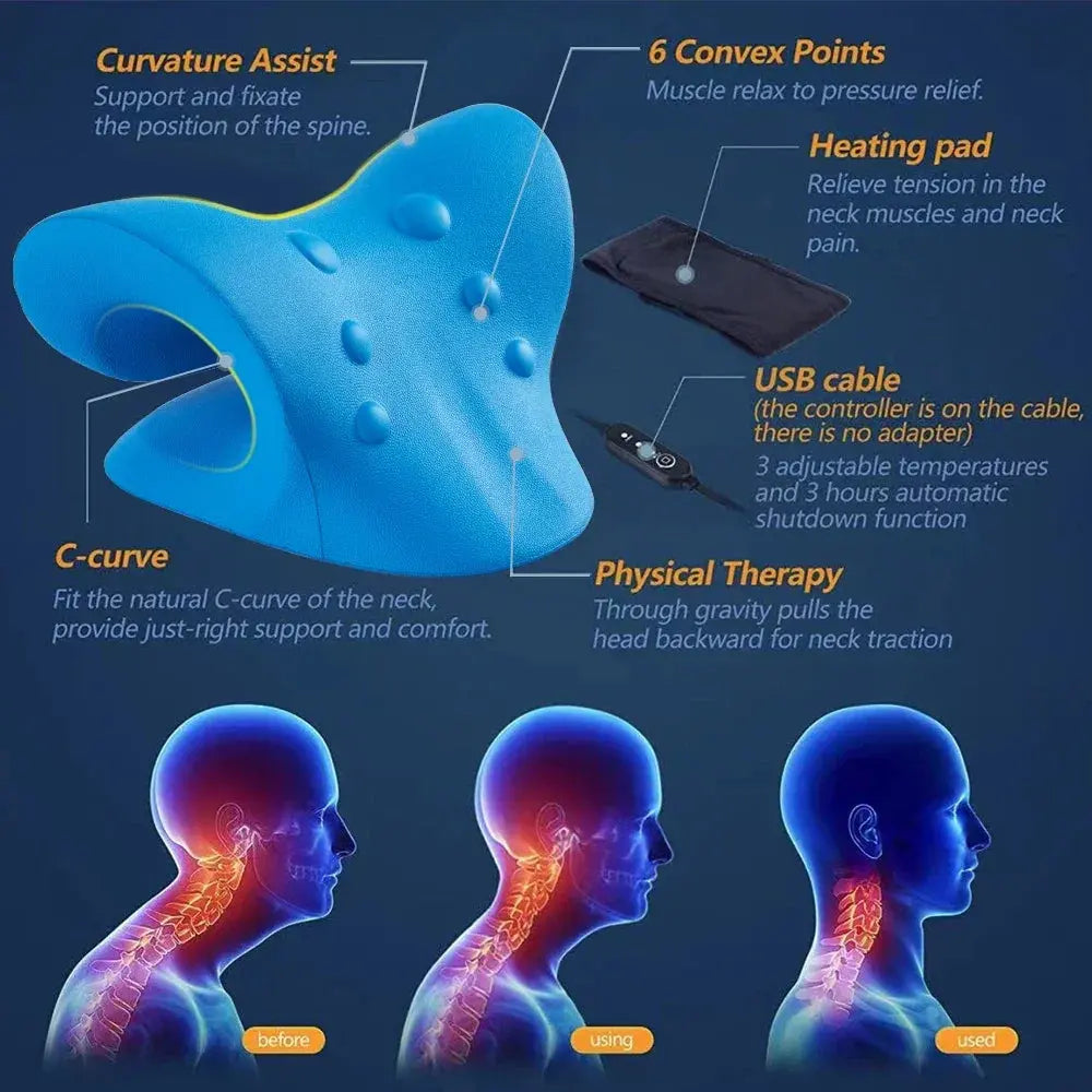 Cervical Massager Heated Neck Stretcher Pain Relief Cervical Traction Device Heating Shoulder Relaxer Acupoint Massage Pillow