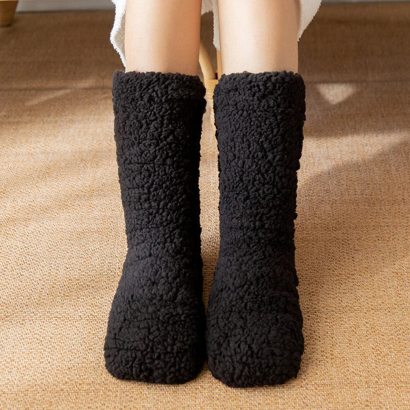 1pair Thickened Winter Woven Thermal Cashmere Floor Socks Solid Color Velvet Carpet Sleep Socks Anti Slip Floor Slipper Sock