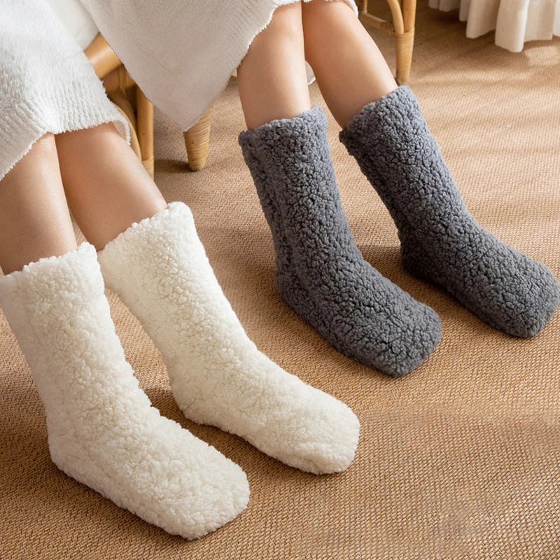 1pair Thickened Winter Woven Thermal Cashmere Floor Socks Solid Color Velvet Carpet Sleep Socks Anti Slip Floor Slipper Sock