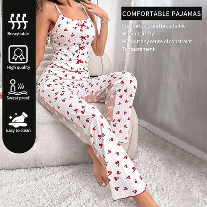2-Piece Women's Sexy Transparent Mesh Lace Set with Ribbed Printed Strap Top and Pants Home Clothes Pajama Set